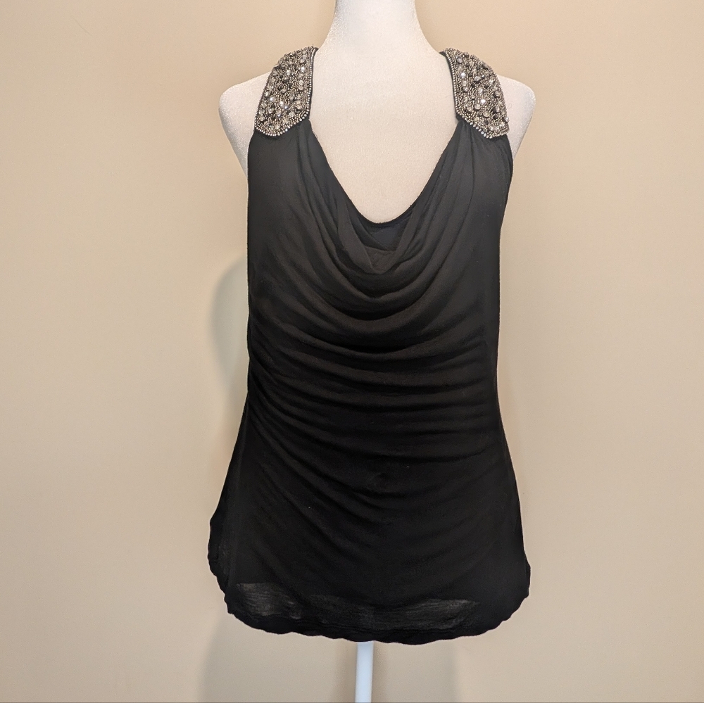 Vintage WHBM Black Embellished Shoulder Drape Front Blouse